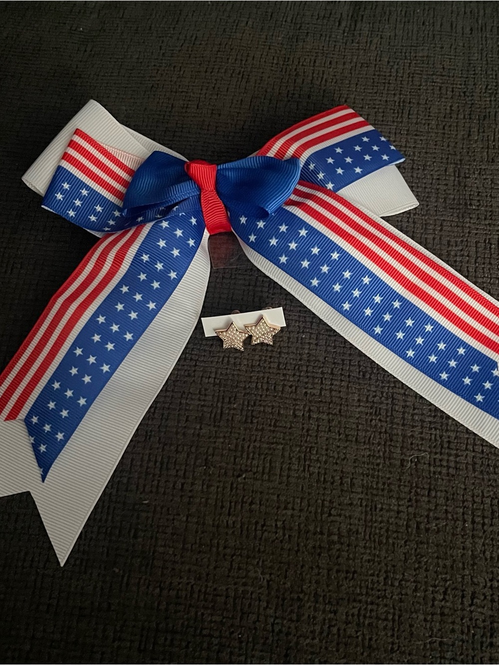 Patriotic Star Ribbon Hair Bow with Rhinestone Star Studs
